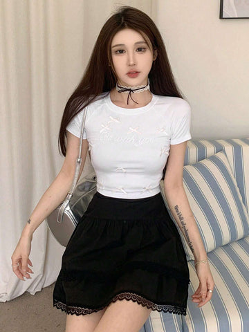 DAZY Ladies' Summer Slim Fit Round Neck Short Sleeve T-Shirt With Bow Decoration