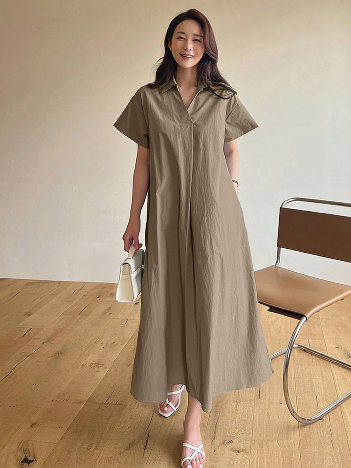 DAZY Ladies' Summer Turn-Down Collar Solid Short Sleeve Long Casual Dress