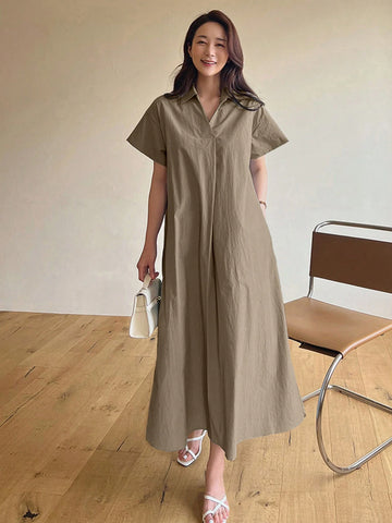 DAZY Ladies' Summer Turn-Down Collar Solid Short Sleeve Long Casual Dress