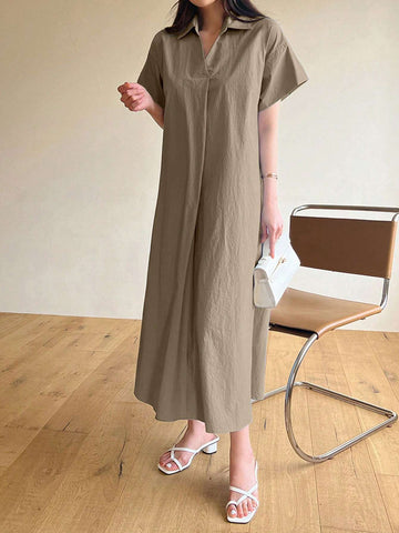 DAZY Ladies' Summer Turn-Down Collar Solid Short Sleeve Long Casual Dress