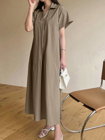 DAZY Ladies' Summer Turn-Down Collar Solid Short Sleeve Long Casual Dress