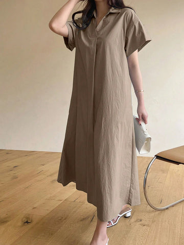 DAZY Ladies' Summer Turn-Down Collar Solid Short Sleeve Long Casual Dress