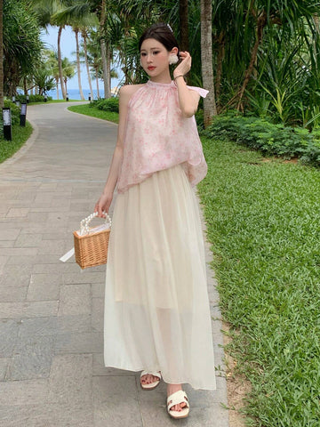 DAZY Ladies" Vacation Floral Print Halter Top And Solid Color Maxi Skirt Set