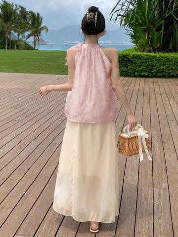 DAZY Ladies" Vacation Floral Print Halter Top And Solid Color Maxi Skirt Set