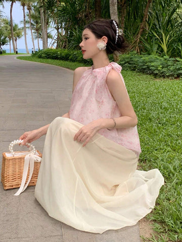 DAZY Ladies" Vacation Floral Print Halter Top And Solid Color Maxi Skirt Set