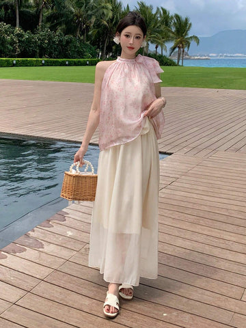 DAZY Ladies" Vacation Floral Print Halter Top And Solid Color Maxi Skirt Set