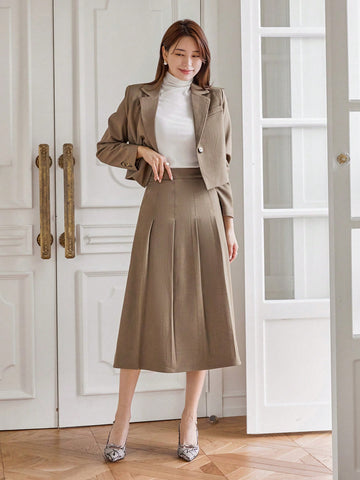 DAZY Lapel Collar Single Breasted Blazer And Pleated Skirt Two Piece Set