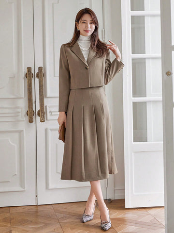 DAZY Lapel Collar Single Breasted Blazer And Pleated Skirt Two Piece Set