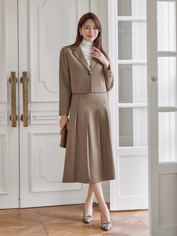 DAZY Lapel Collar Single Breasted Blazer And Pleated Skirt Two Piece Set