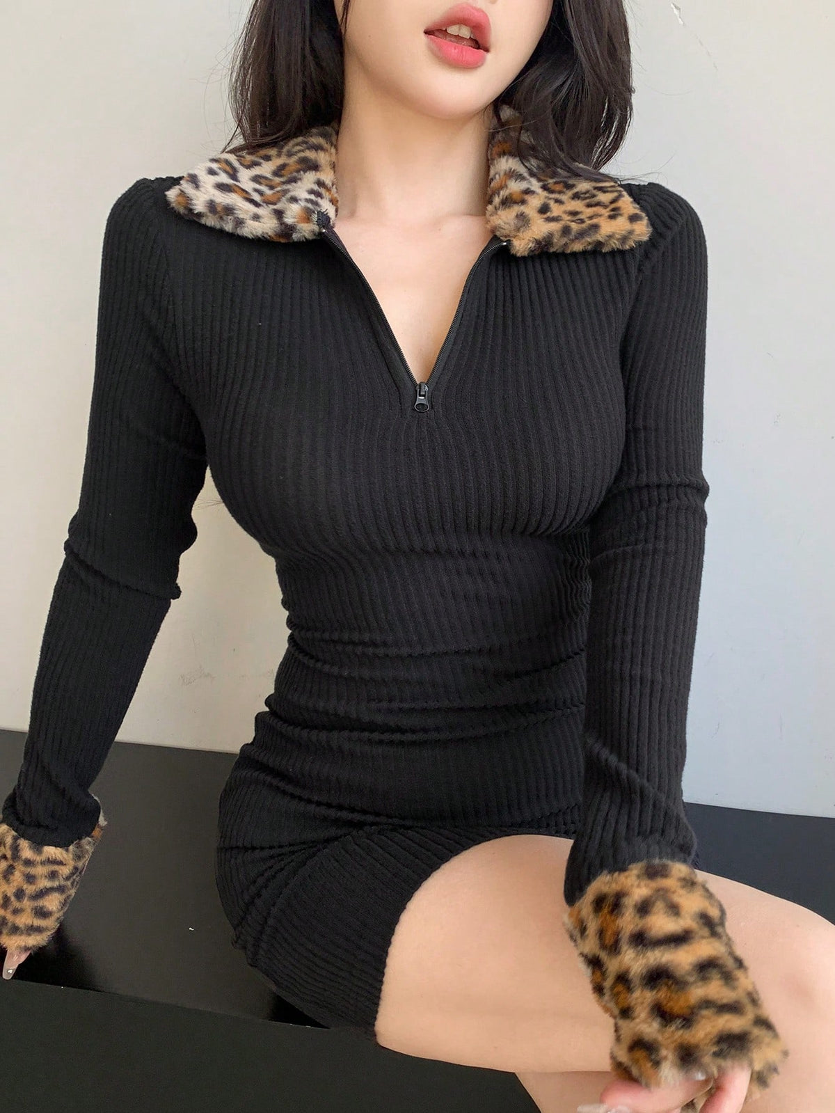 DAZY Leopard Print Patchwork Fitted Mini Dress For Women