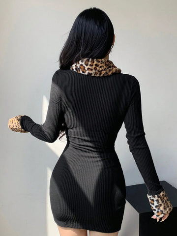 DAZY Leopard Print Patchwork Fitted Mini Dress For Women