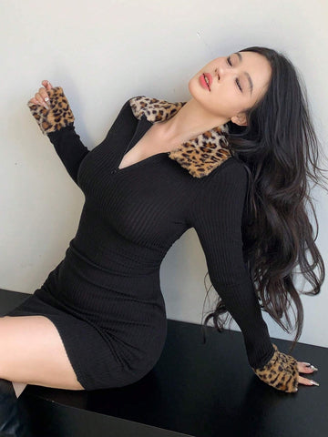 DAZY Leopard Print Patchwork Fitted Mini Dress For Women