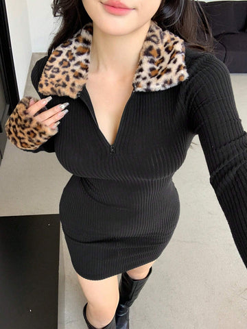 DAZY Leopard Print Patchwork Fitted Mini Dress For Women