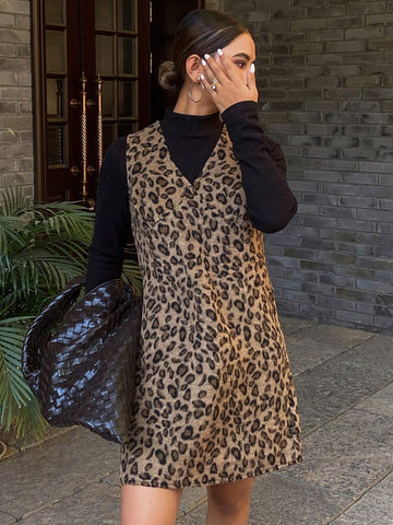 DAZY Leopard Print Sleeveless V-Neck Mini Bodycon Dress For Women