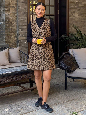 DAZY Leopard Print Sleeveless V-Neck Mini Bodycon Dress For Women