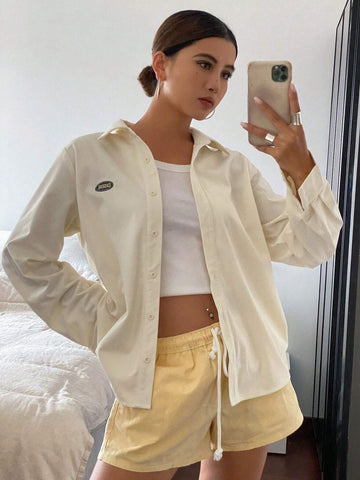 DAZY Letter Embroidered Loose Long Sleeve Turn Down Collar Women Shirt