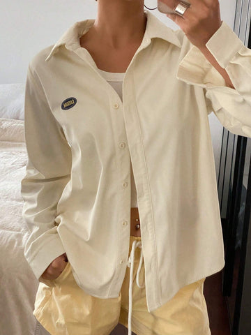 DAZY Letter Embroidered Loose Long Sleeve Turn Down Collar Women Shirt