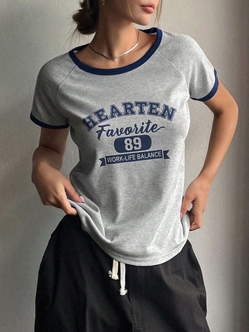 DAZY Letter Graphic Contrast Binding Raglan Sleeve Tee