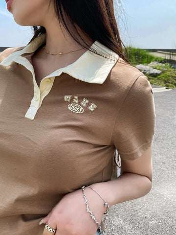 Letter Graphic Contrast Polo Neck Tee