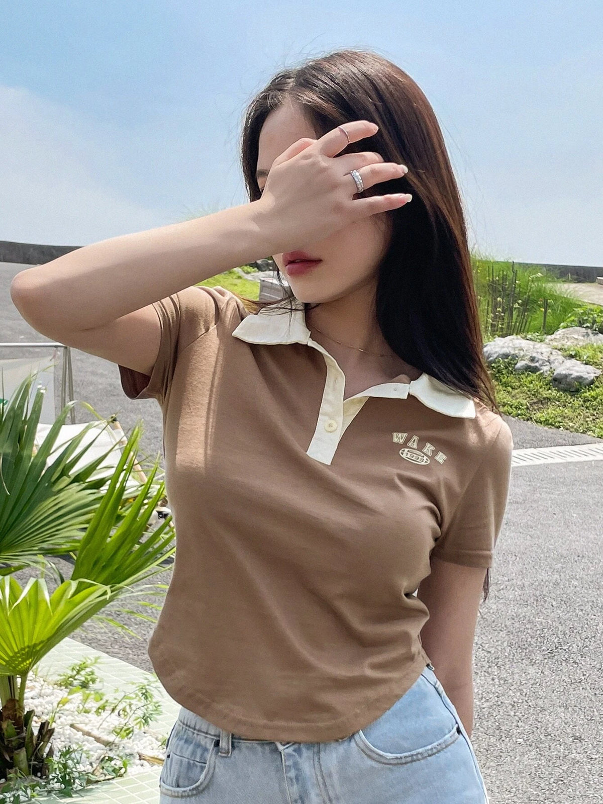 Letter Graphic Contrast Polo Neck Tee