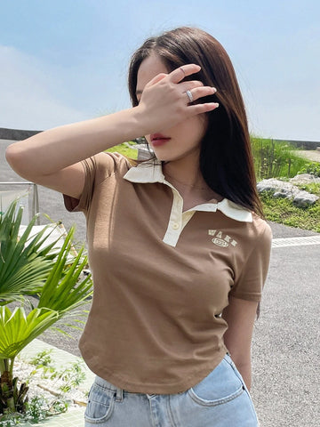 Letter Graphic Contrast Polo Neck Tee