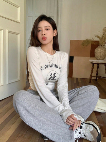 DAZY Letter Graphic Drawstring Waist Sweatpants