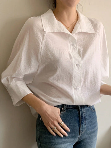 DAZY Lightweight Sheer Collar 3/4 Sleeve Loose Casual Blouse, Flattering Minimalist Style For Women