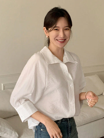 DAZY Lightweight Sheer Collar 3/4 Sleeve Loose Casual Blouse, Flattering Minimalist Style For Women