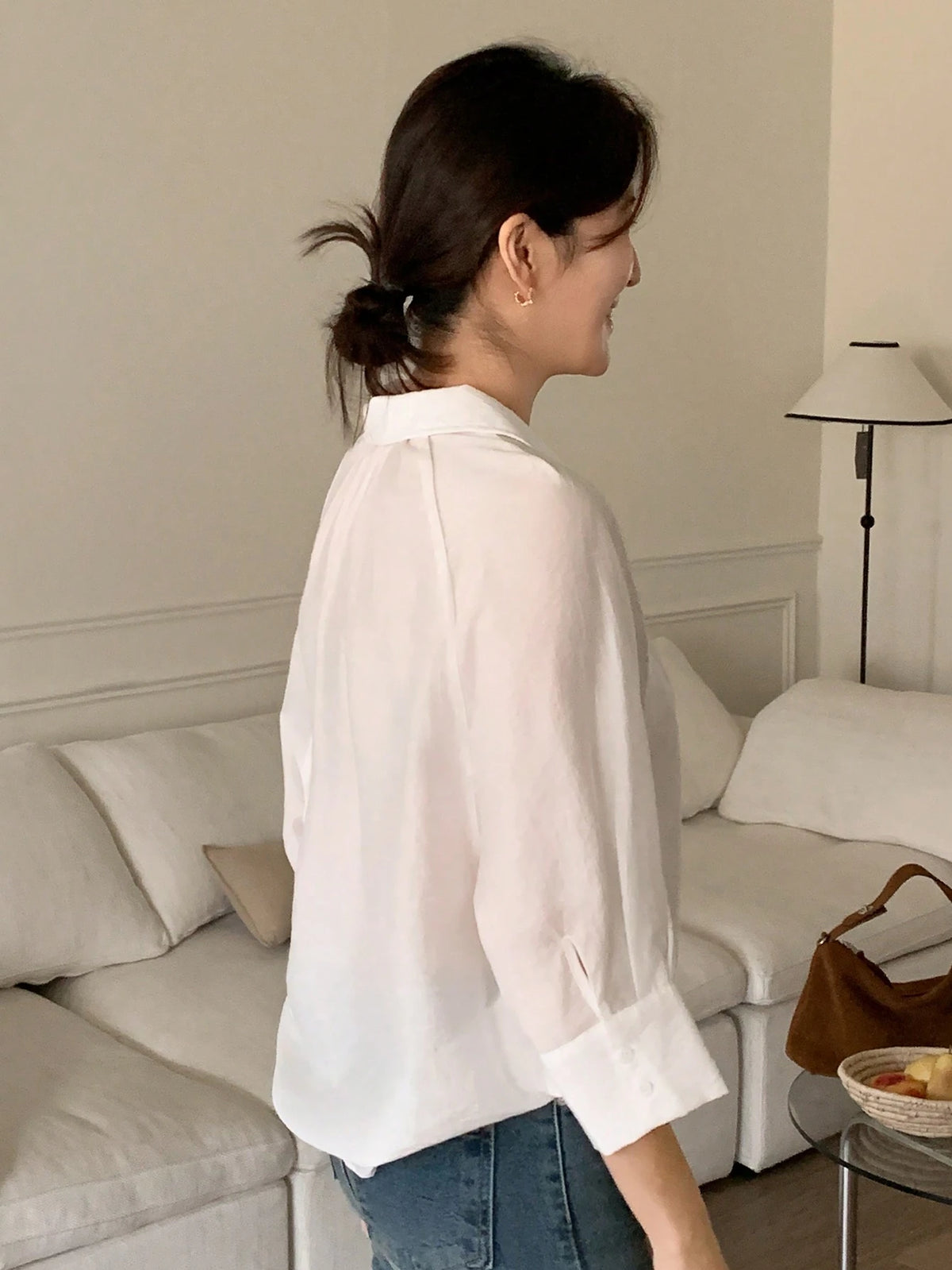 DAZY Lightweight Sheer Collar 3/4 Sleeve Loose Casual Blouse, Flattering Minimalist Style For Women