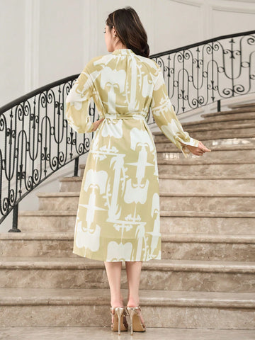 DAZY Long Sleeve All-Over Printed Belted Shirt Dress