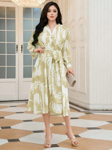 DAZY Long Sleeve All-Over Printed Belted Shirt Dress