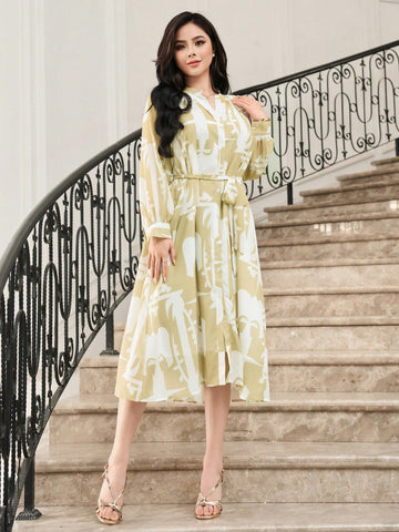 DAZY Long Sleeve All-Over Printed Belted Shirt Dress