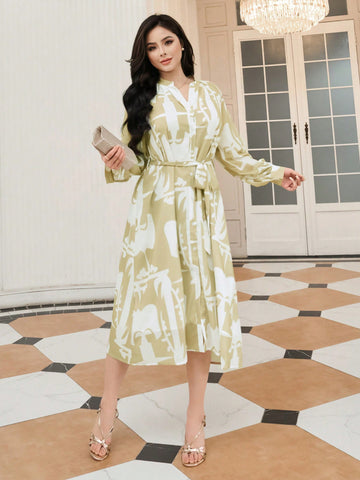 DAZY Long Sleeve All-Over Printed Belted Shirt Dress
