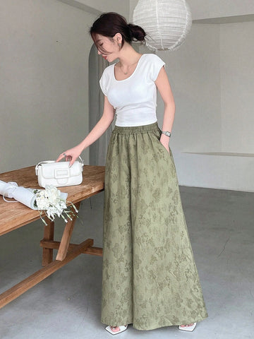 DAZY Loose Elastic Waist Wide Leg Pants With Floral Prints For Women