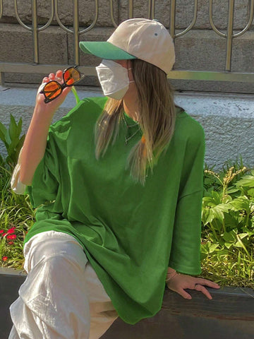 Loose Round Neck Drop Shoulders Short Sleeve T-Shirt, Solid Color
