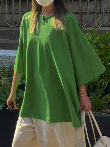 Loose Round Neck Drop Shoulders Short Sleeve T-Shirt, Solid Color