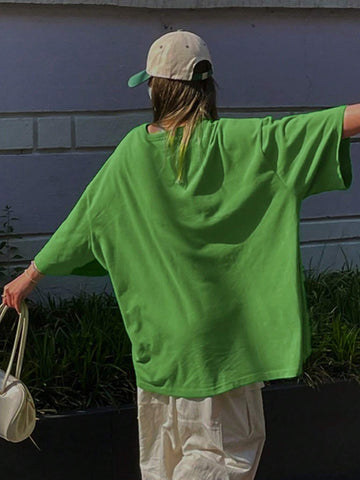 Loose Round Neck Drop Shoulders Short Sleeve T-Shirt, Solid Color