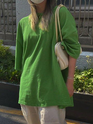 DAZY Loose Round Neck Drop Shoulders Short Sleeve T-Shirt, Solid Color