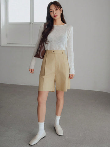 DAZY Loose Simple Business Casual Straight-Leg 3/4 Pants Women's Shorts