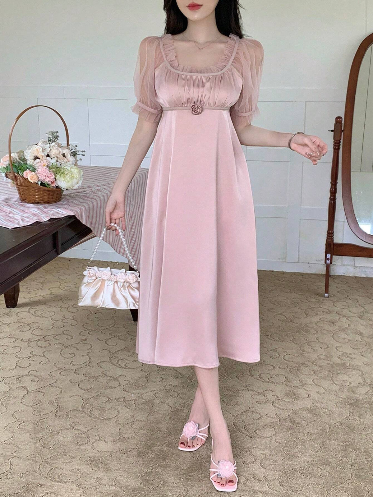 DAZY Mesh Patchwork 3D Flower Accented Long Dress With Waist Tie For Women