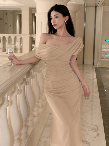 DAZY Mid-Length Plain Shoulder Strap Short Sleeve Dress For Women, Back To School