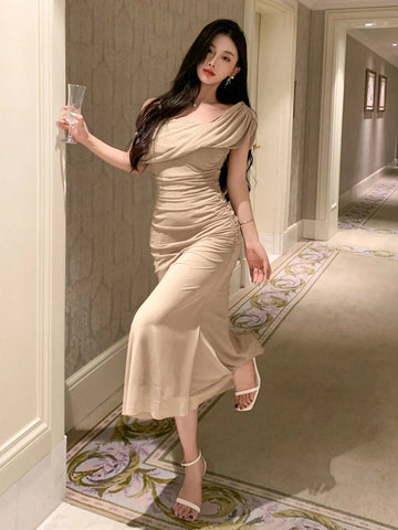 DAZY Mid-Length Plain Shoulder Strap Short Sleeve Dress For Women, Back To School