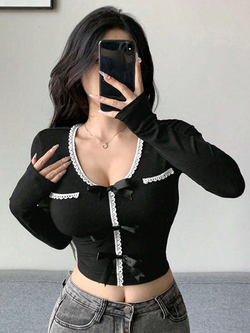 New Arrival Autumn Women's Slim Fit T-Shirt With Bowknot Decor