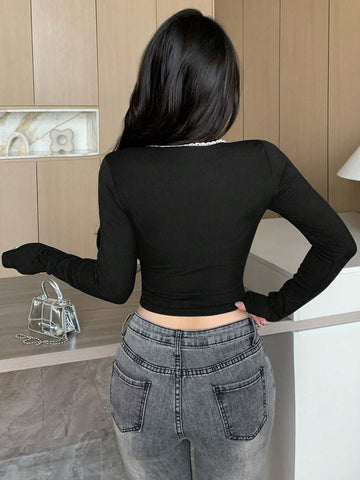 New Arrival Autumn Women's Slim Fit T-Shirt With Bowknot Decor