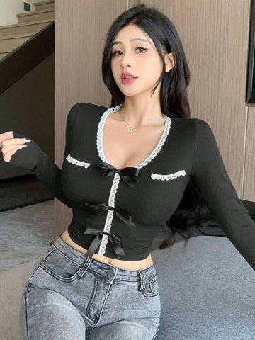 New Arrival Autumn Women's Slim Fit T-Shirt With Bowknot Decor