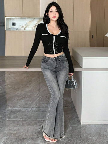 New Arrival Autumn Women's Slim Fit T-Shirt With Bowknot Decor