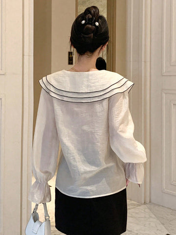 DAZY New Arrival Women's Elegant Long Sleeve Blouse With Contrast Piping Trim And Peter Pan Collar, Front Button Closure, For Autumn