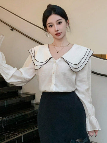 DAZY New Arrival Women's Elegant Long Sleeve Blouse With Contrast Piping Trim And Peter Pan Collar, Front Button Closure, For Autumn
