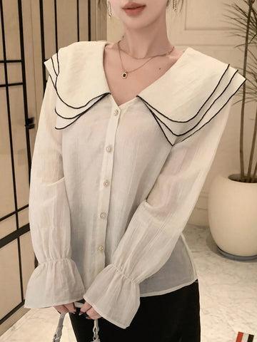 DAZY New Arrival Women's Elegant Long Sleeve Blouse With Contrast Piping Trim And Peter Pan Collar, Front Button Closure, For Autumn