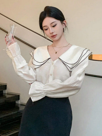 DAZY New Arrival Women's Elegant Long Sleeve Blouse With Contrast Piping Trim And Peter Pan Collar, Front Button Closure, For Autumn